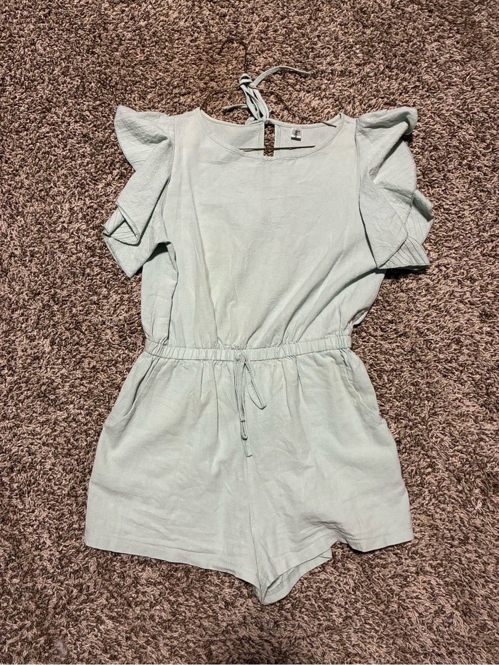 Mint Short-Sleeve Romper with Elastic Waist and Tie Back